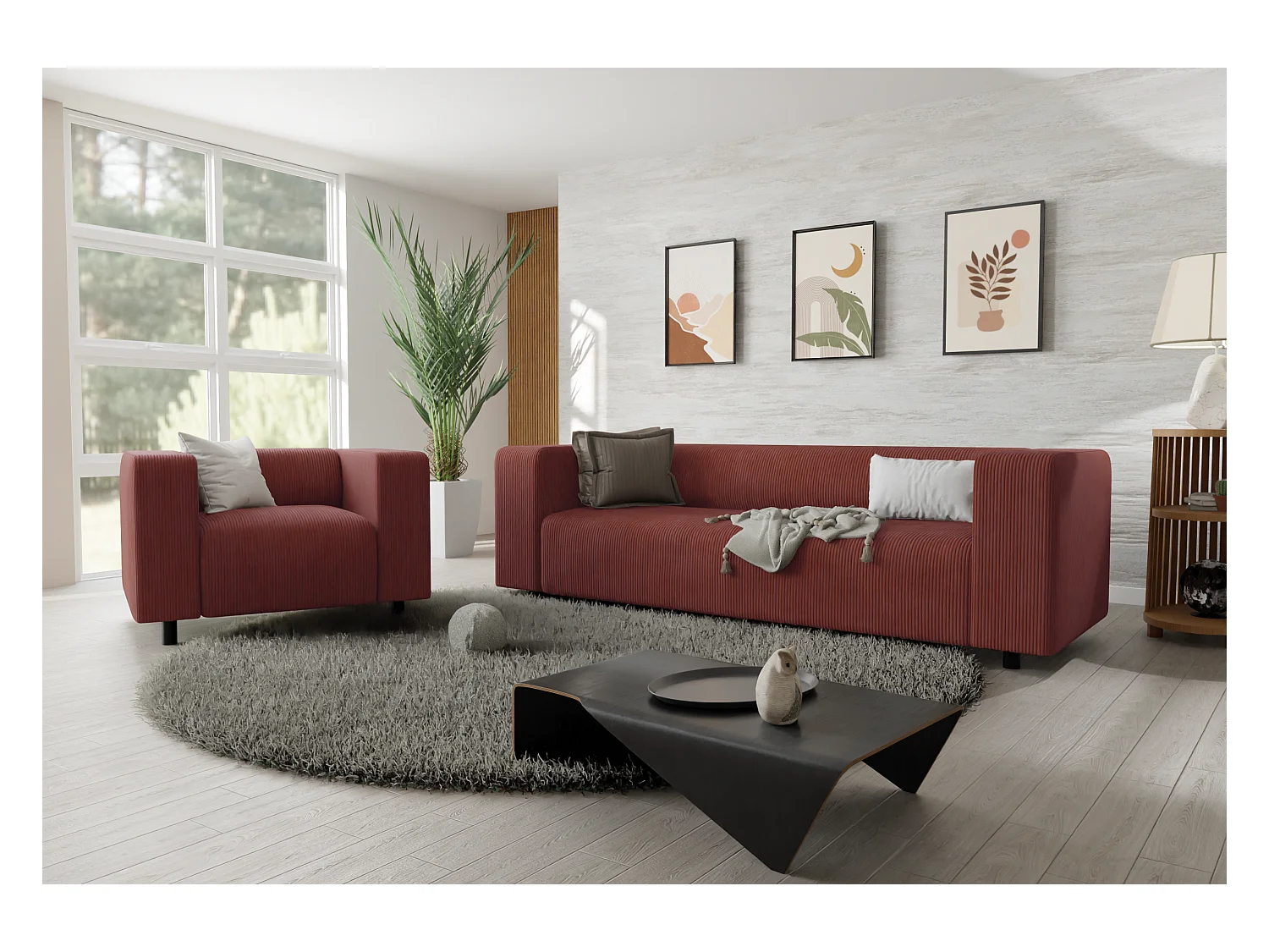 Ensemble de sièges moderne 3+1 en velours côtelé terracotta avec assise confortable THORA