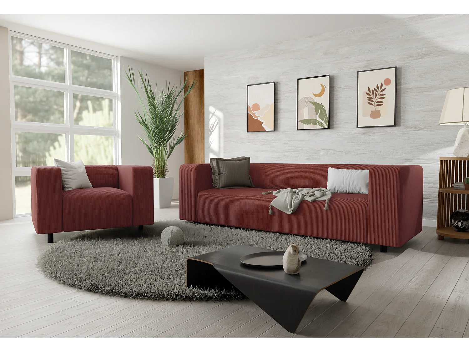 Ensemble de sièges moderne 3+1 en velours côtelé terracotta avec assise confortable THORA