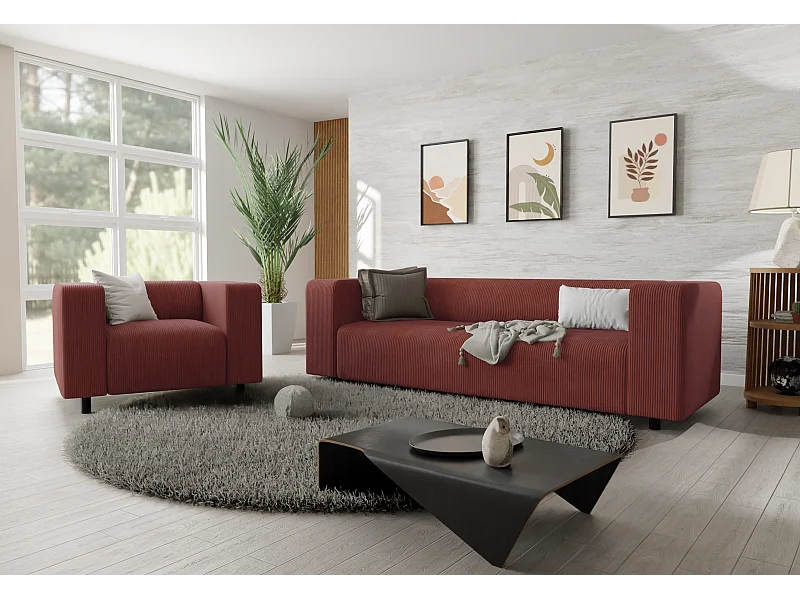 Ensemble de sièges moderne 3+1 en velours côtelé terracotta avec assise confortable THORA