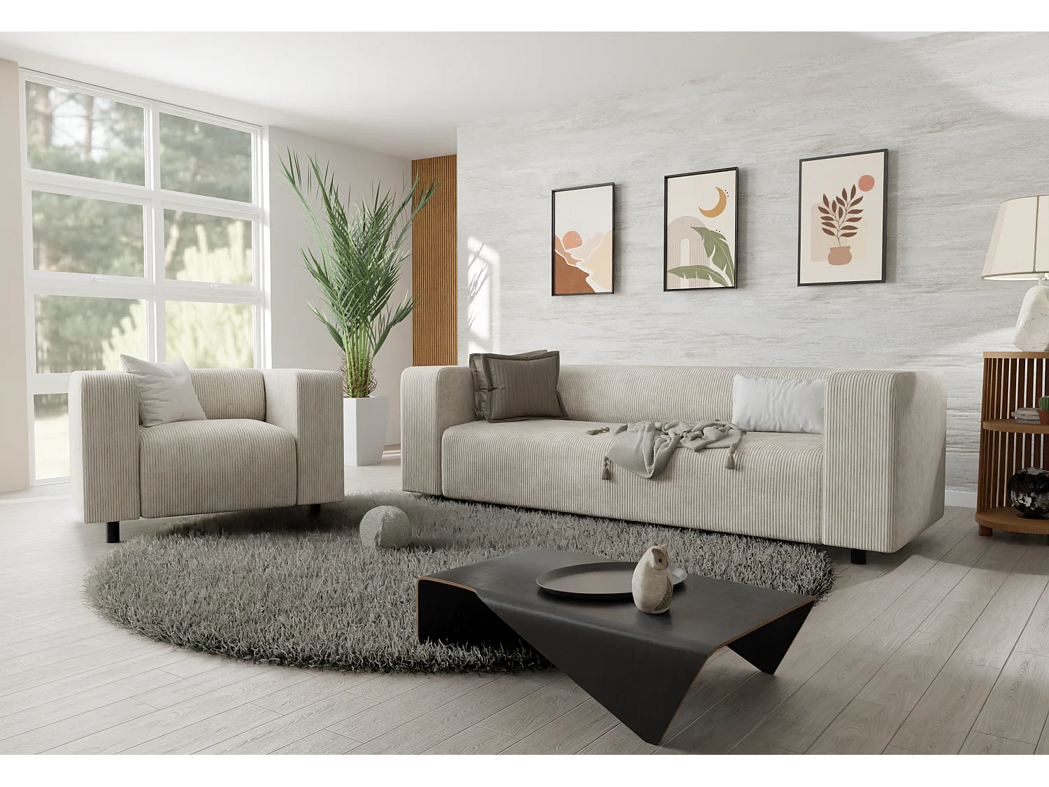 Ensemble de sièges moderne 3+1 en velours côtelé beige avec assise confortable THORA