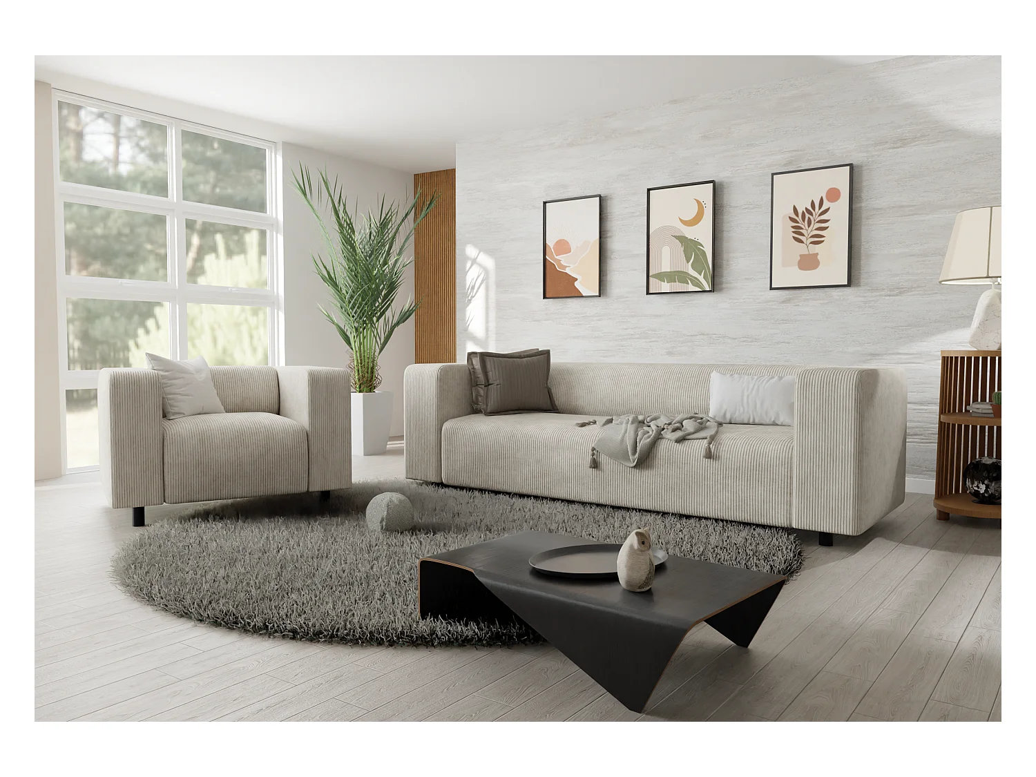 Ensemble de sièges moderne 3+1 en velours côtelé beige avec assise confortable THORA