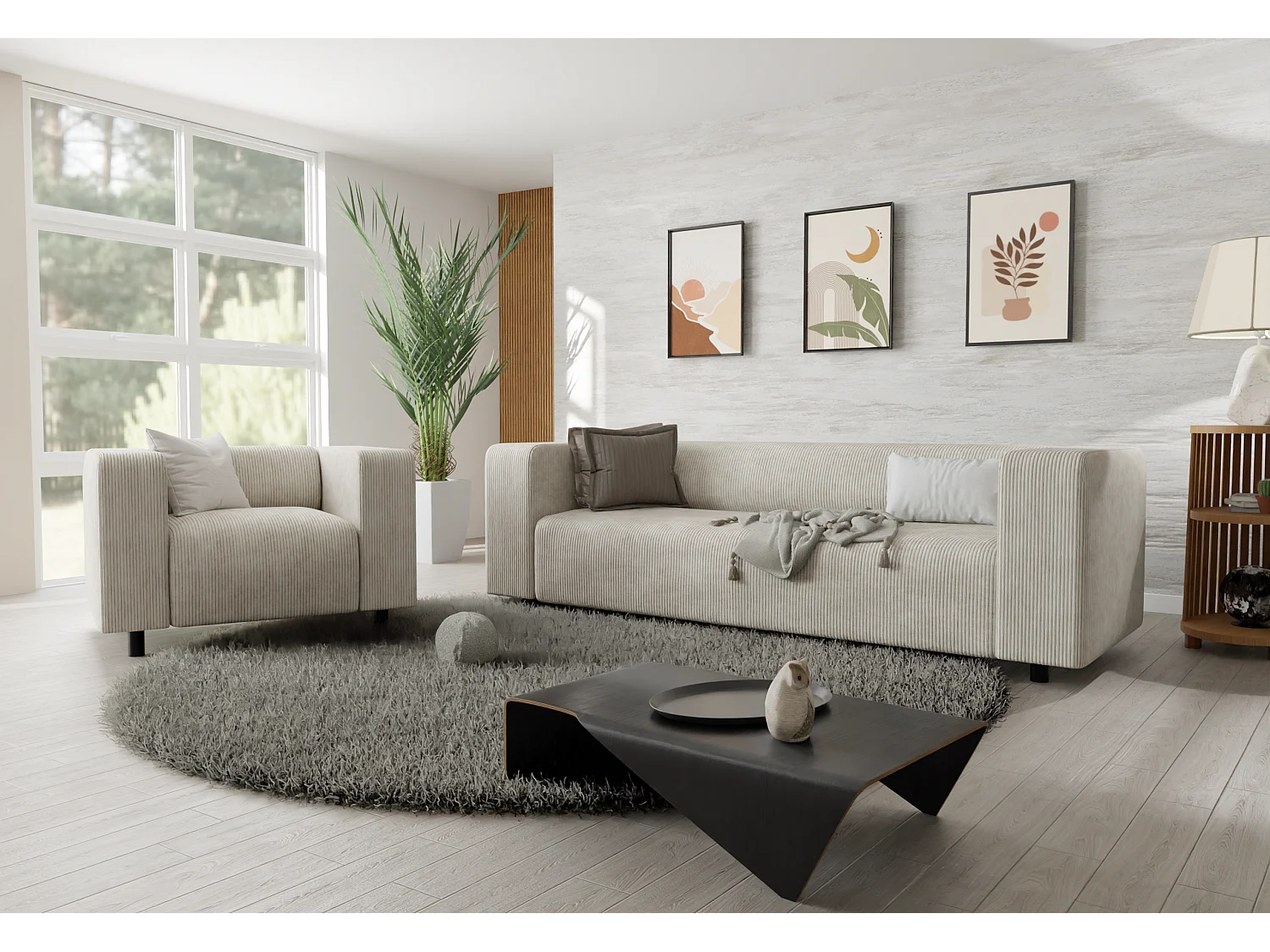 Ensemble de sièges moderne 3+1 en velours côtelé beige avec assise confortable THORA