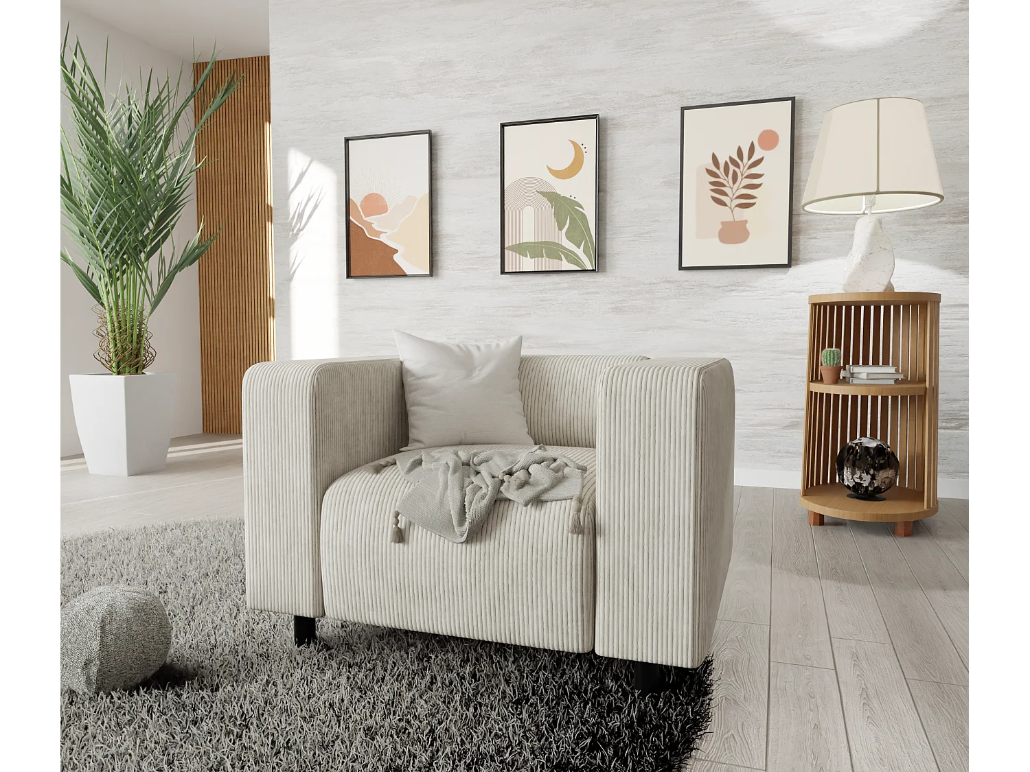 Ensemble de sièges moderne 3+1 en velours côtelé beige avec assise confortable THORA