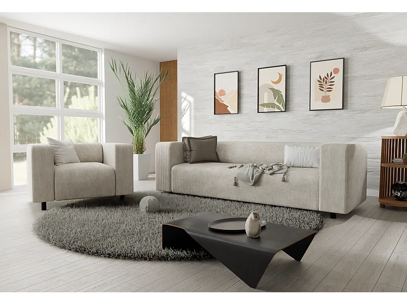 Ensemble de sièges moderne 3+1 en velours côtelé beige avec assise confortable THORA