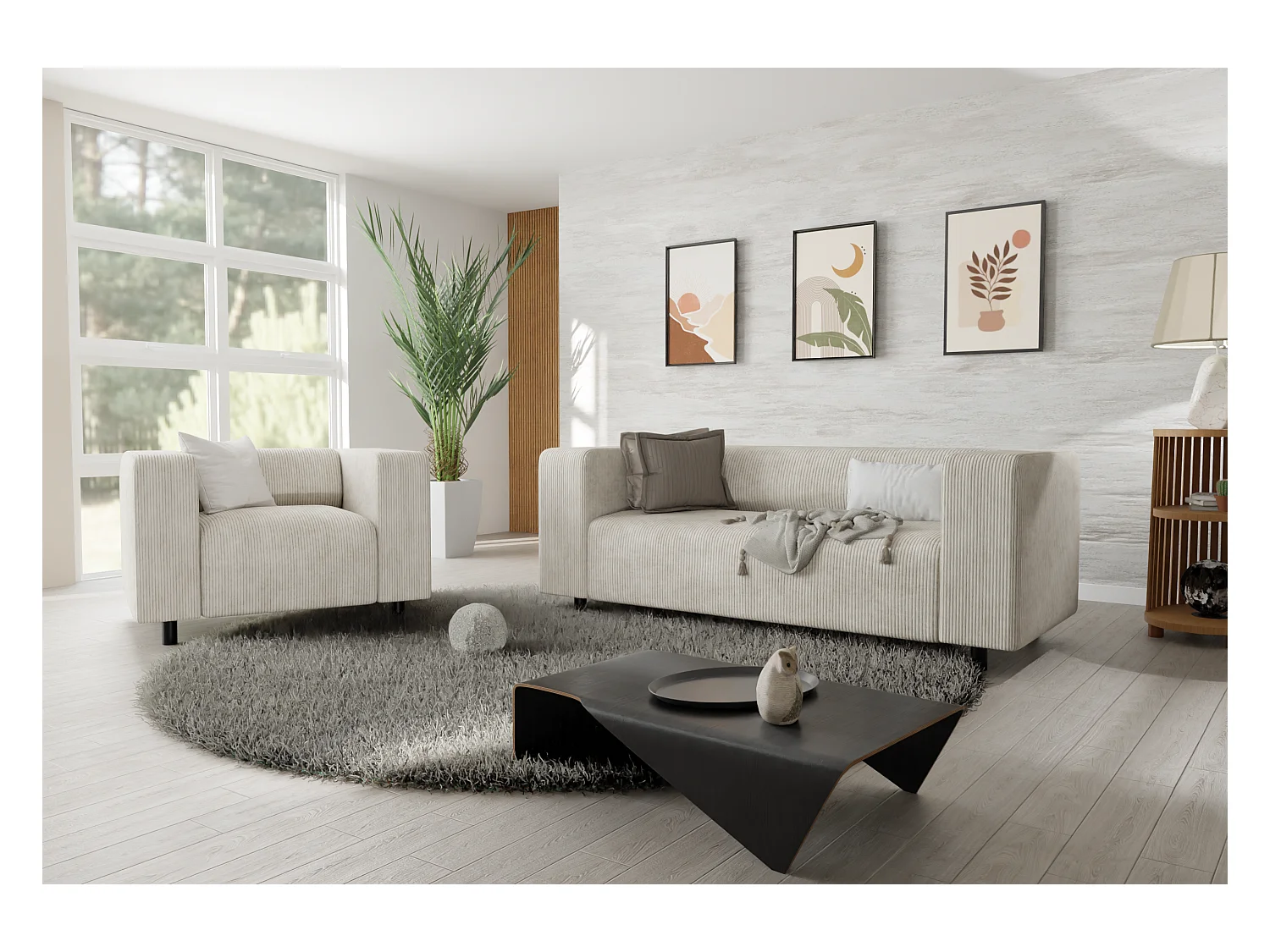 Ensemble de sièges moderne 2+1 en velours côtelé beige avec assise confortable THORA