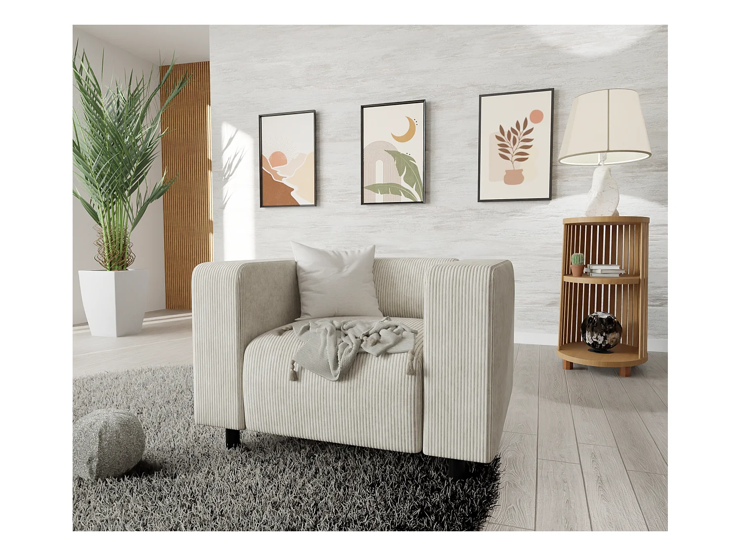 Ensemble de sièges moderne 2+1 en velours côtelé beige avec assise confortable THORA