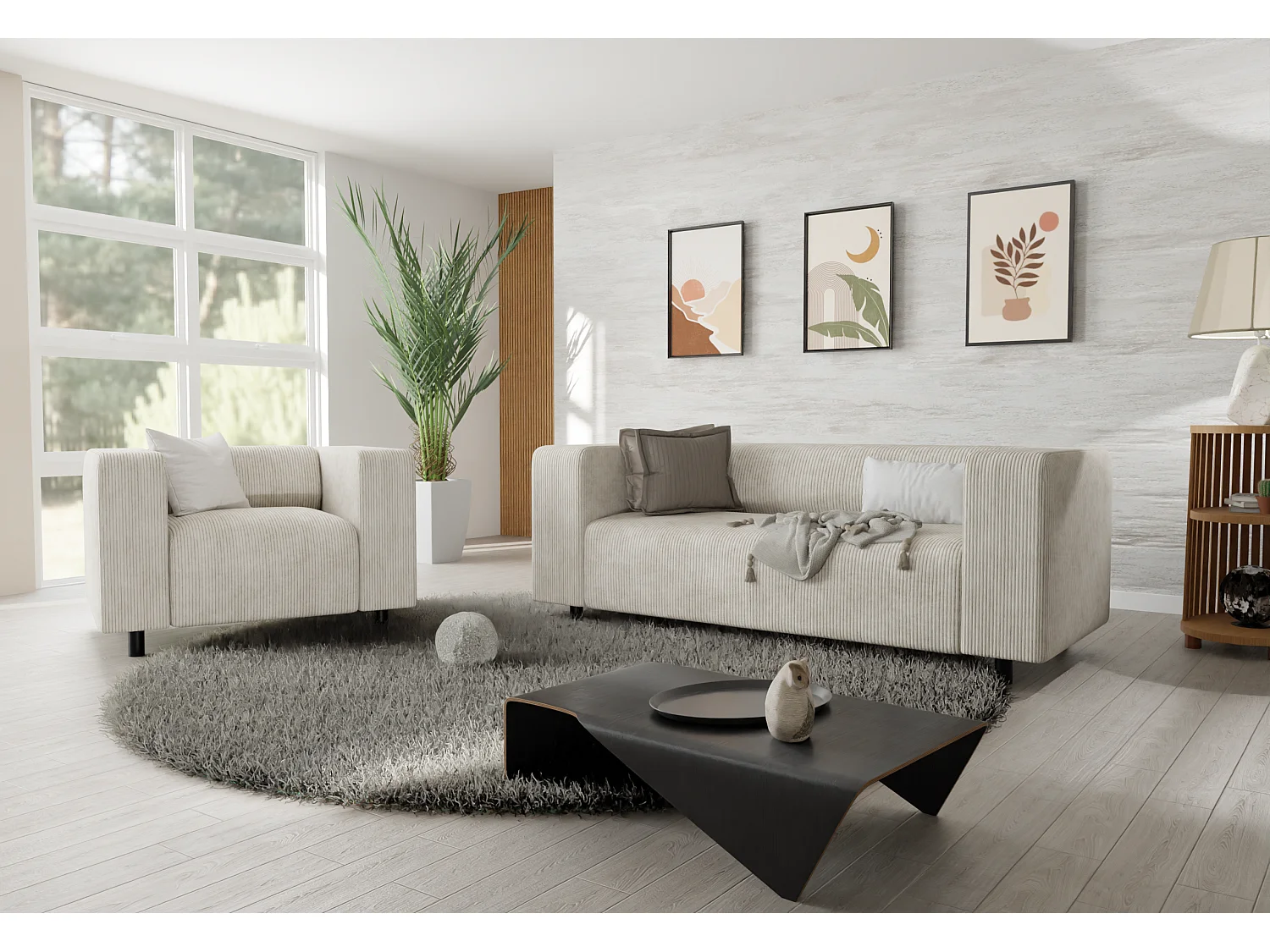 Ensemble de sièges moderne 2+1 en velours côtelé beige avec assise confortable THORA