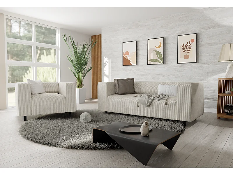 Ensemble de sièges moderne 2+1 en velours côtelé beige avec assise confortable THORA