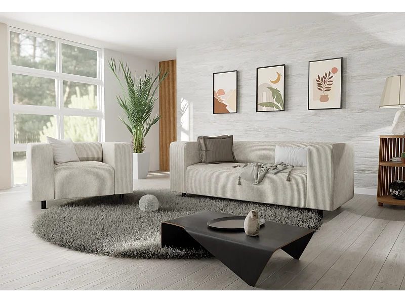 Ensemble de sièges moderne 2+1 en velours côtelé beige avec assise confortable THORA