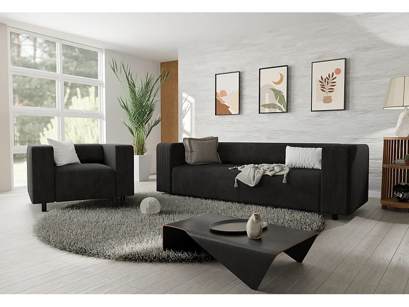 Ensemble de sièges moderne 3+1 en velours côtelé noir avec assise confortable THORA