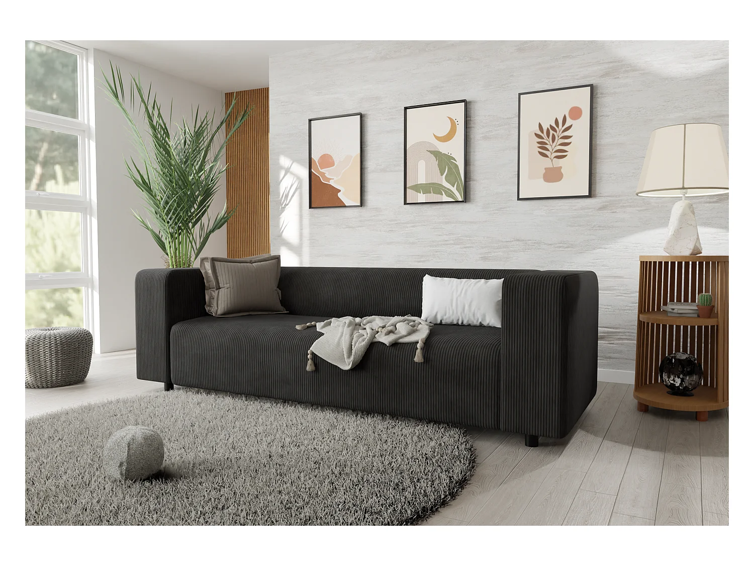 Ensemble de sièges moderne 3+1 en velours côtelé noir avec assise confortable THORA