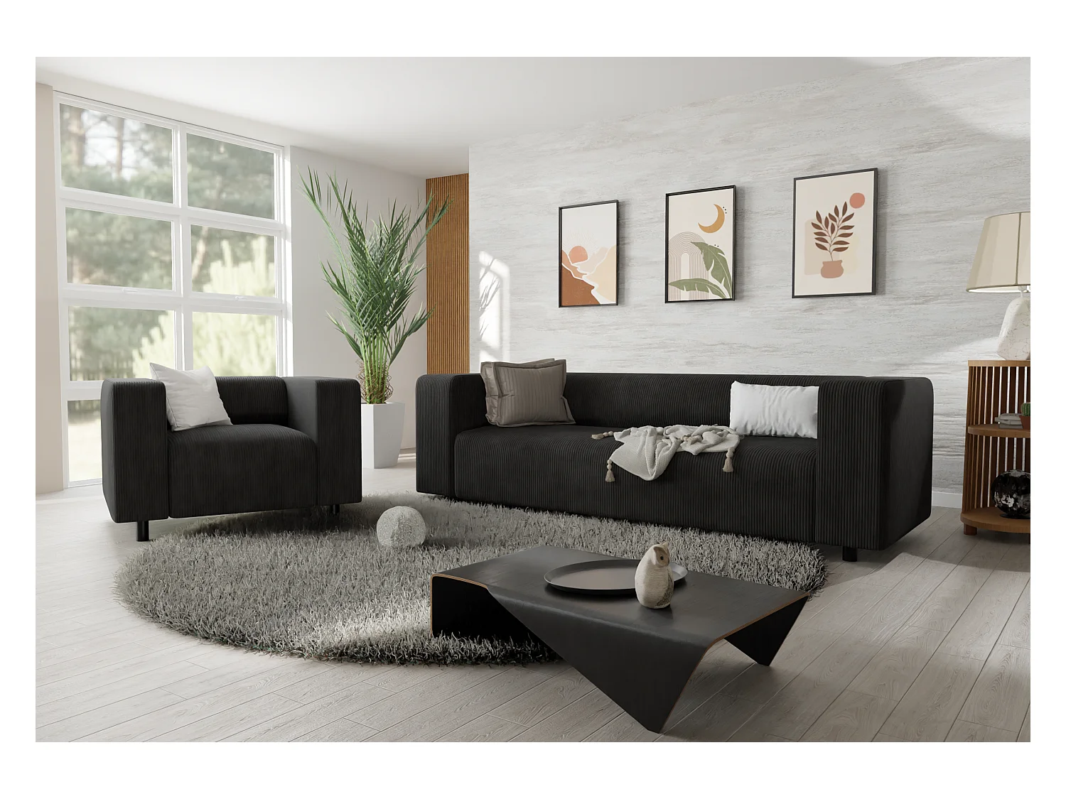 Ensemble de sièges moderne 3+1 en velours côtelé noir avec assise confortable THORA