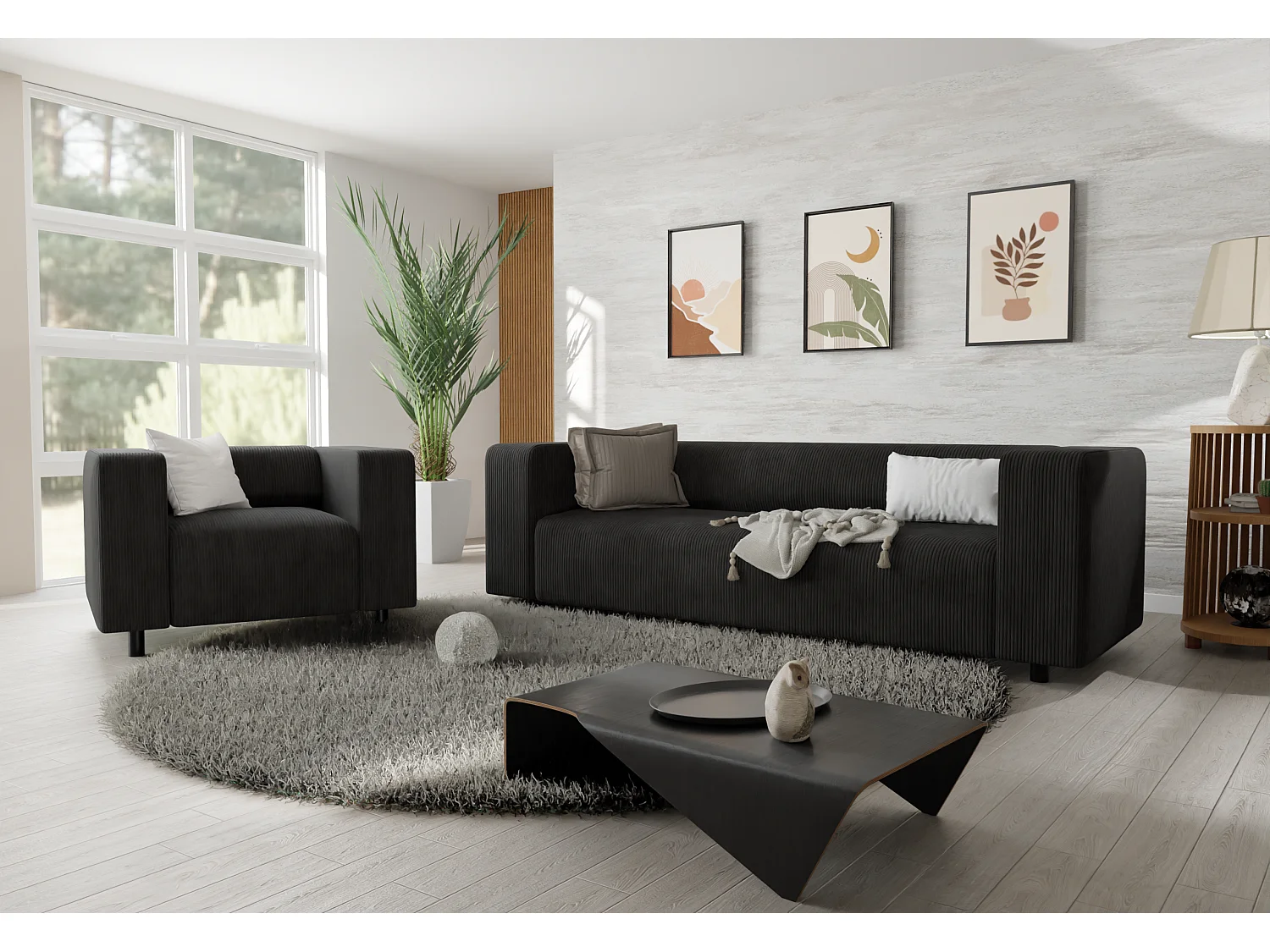 Ensemble de sièges moderne 3+1 en velours côtelé noir avec assise confortable THORA