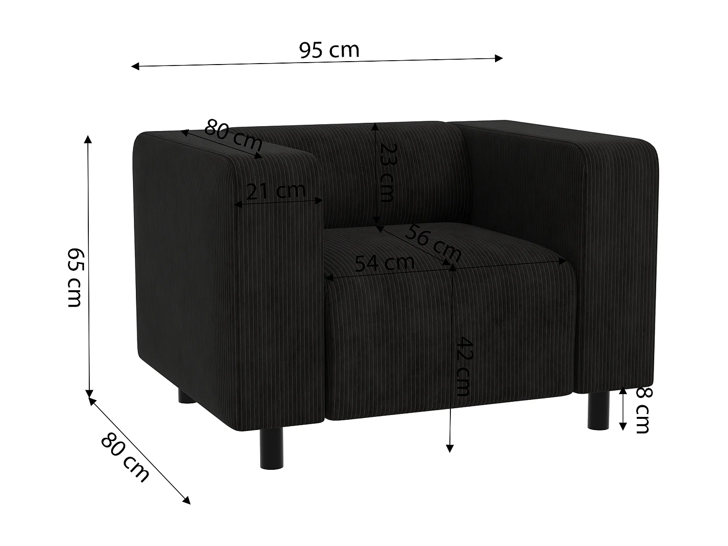 Ensemble de sièges moderne 3+1 en velours côtelé noir avec assise confortable THORA