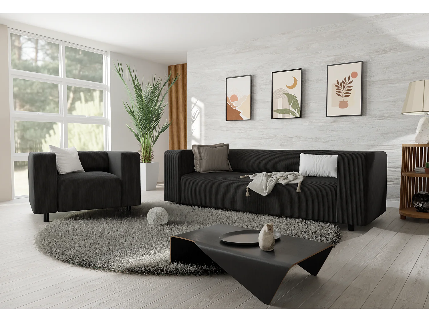 Ensemble de sièges moderne 3+1 en velours côtelé noir avec assise confortable THORA