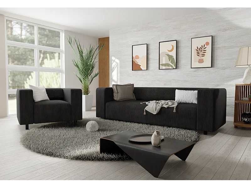 Ensemble de sièges moderne 3+1 en velours côtelé noir avec assise confortable THORA