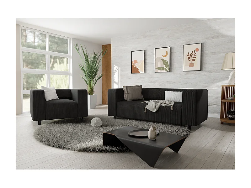 Ensemble de sièges moderne 2+1 en velours côtelé noir avec assise confortable THORA