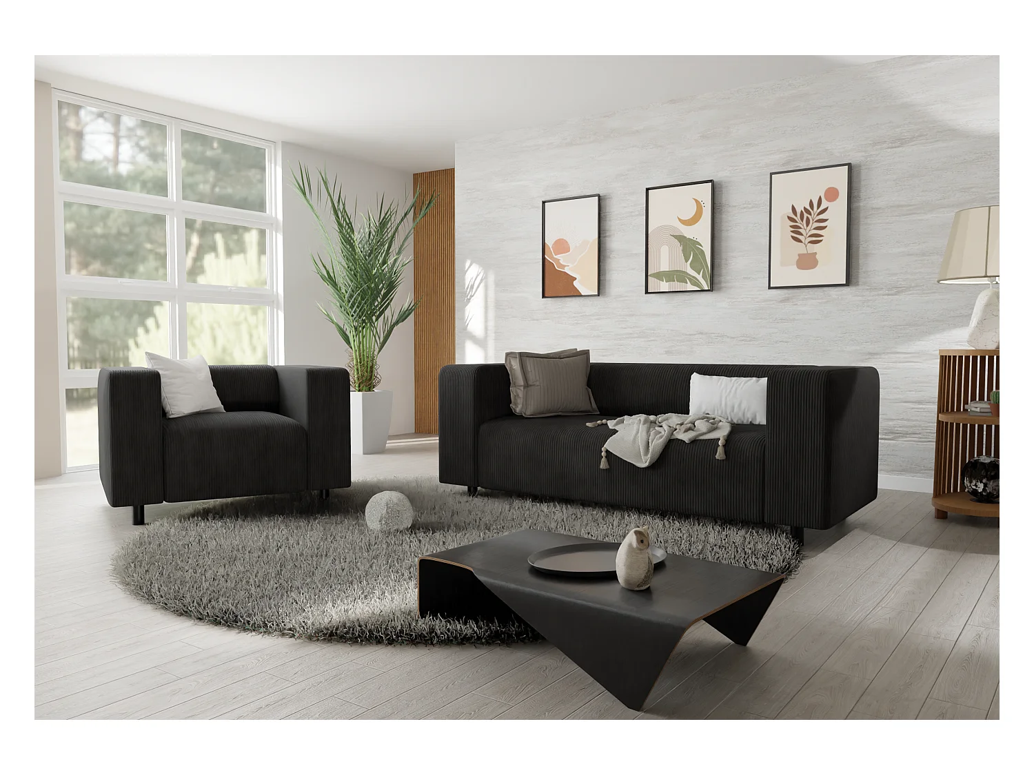 Ensemble de sièges moderne 2+1 en velours côtelé noir avec assise confortable THORA