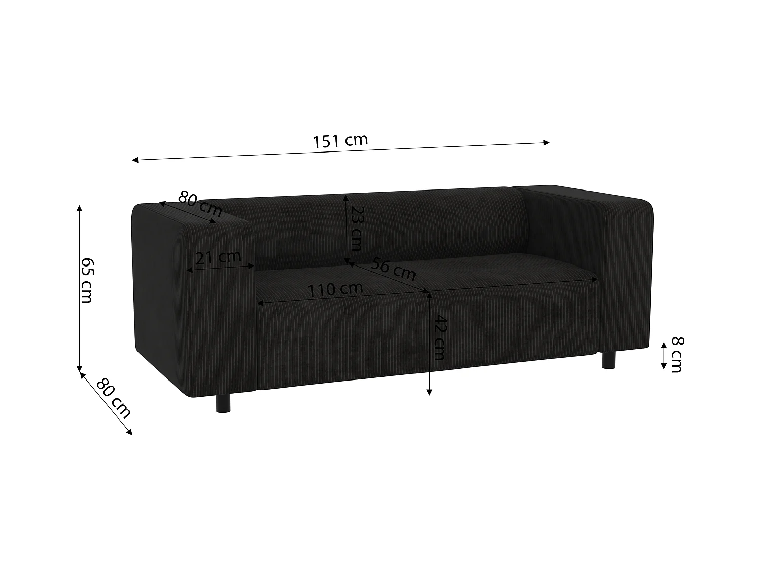 Ensemble de sièges moderne 2+1 en velours côtelé noir avec assise confortable THORA