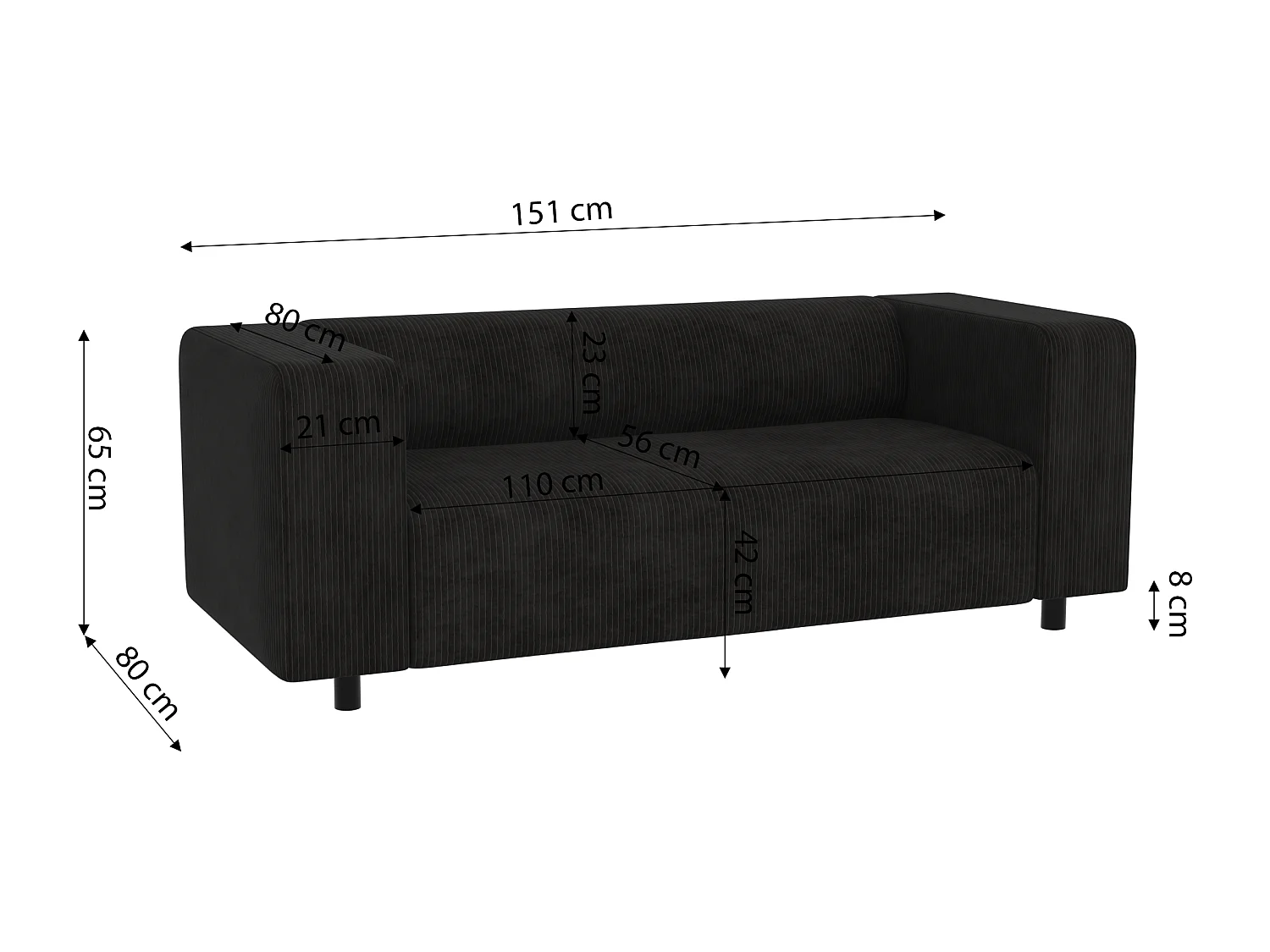 Ensemble de sièges moderne 2+1 en velours côtelé noir avec assise confortable THORA