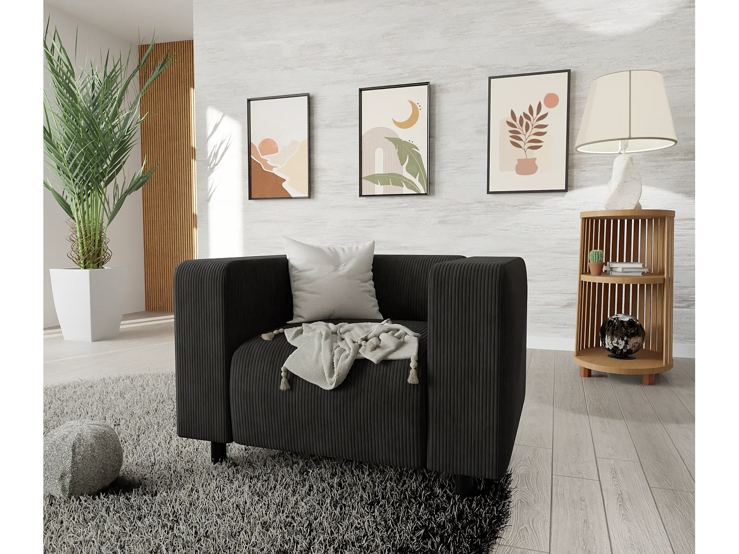 Ensemble de sièges moderne 2+1 en velours côtelé noir avec assise confortable THORA