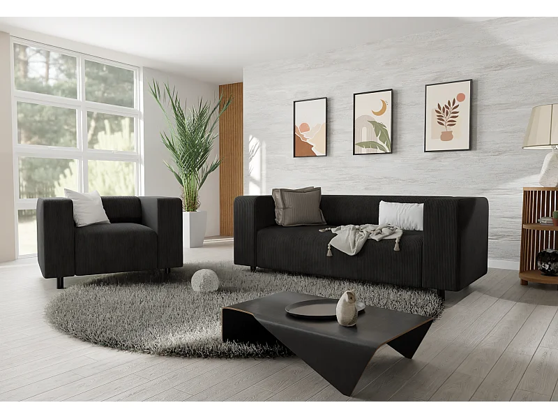 Ensemble de sièges moderne 2+1 en velours côtelé noir avec assise confortable THORA