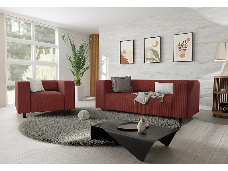 Ensemble de sièges moderne 2+1 en velours côtelé terracotta avec assise confortable THORA