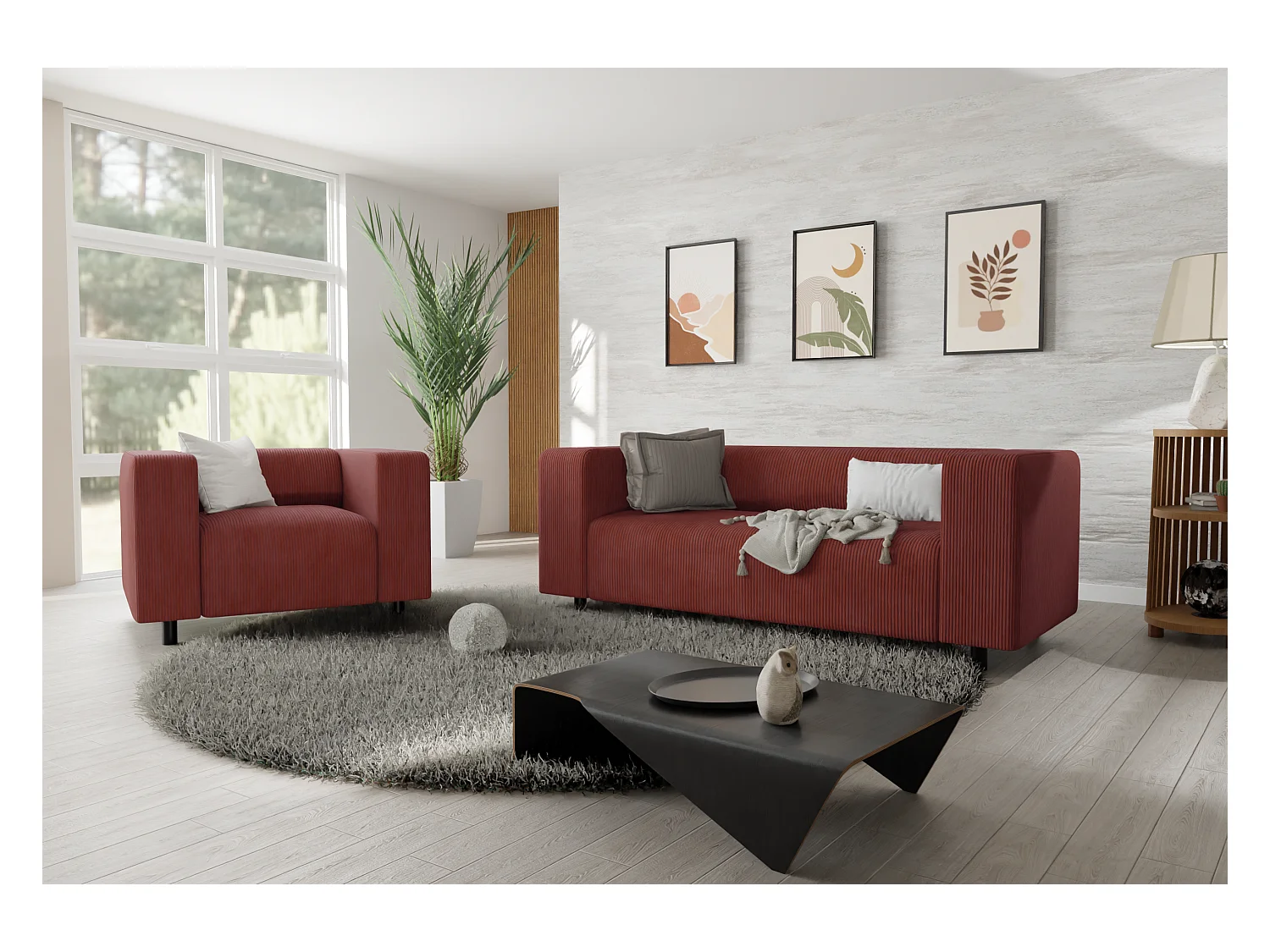 Ensemble de sièges moderne 2+1 en velours côtelé terracotta avec assise confortable THORA