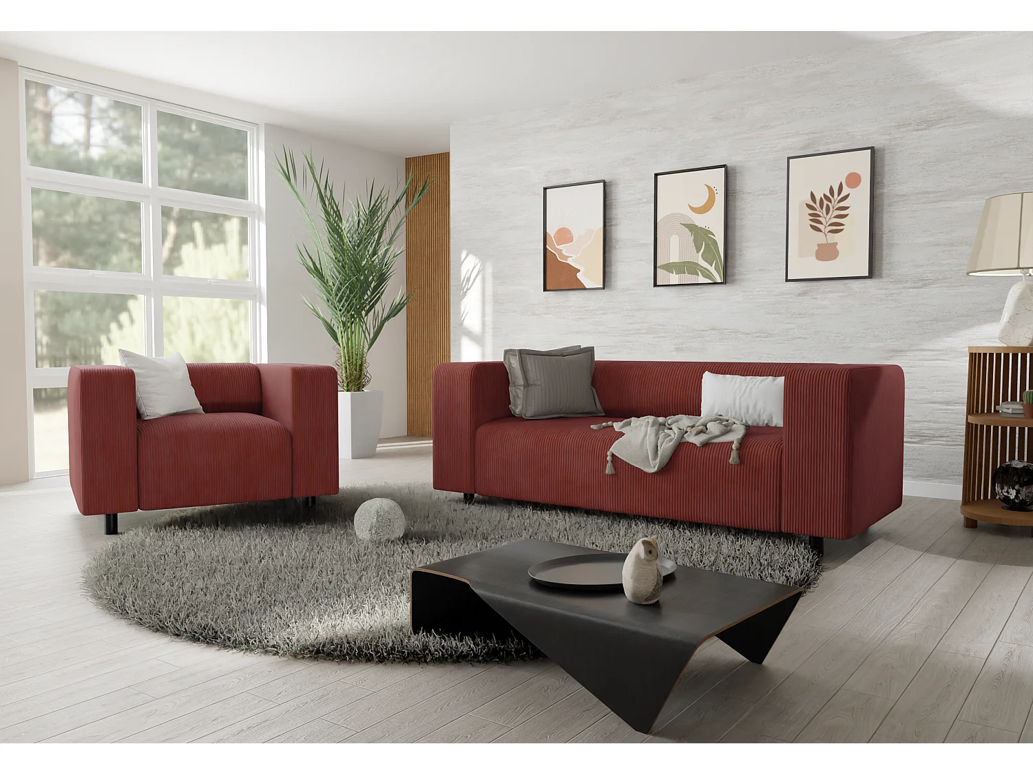 Ensemble de sièges moderne 2+1 en velours côtelé terracotta avec assise confortable THORA