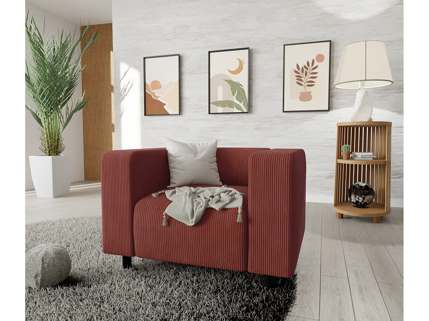 Ensemble de sièges moderne 2+1 en velours côtelé terracotta avec assise confortable THORA