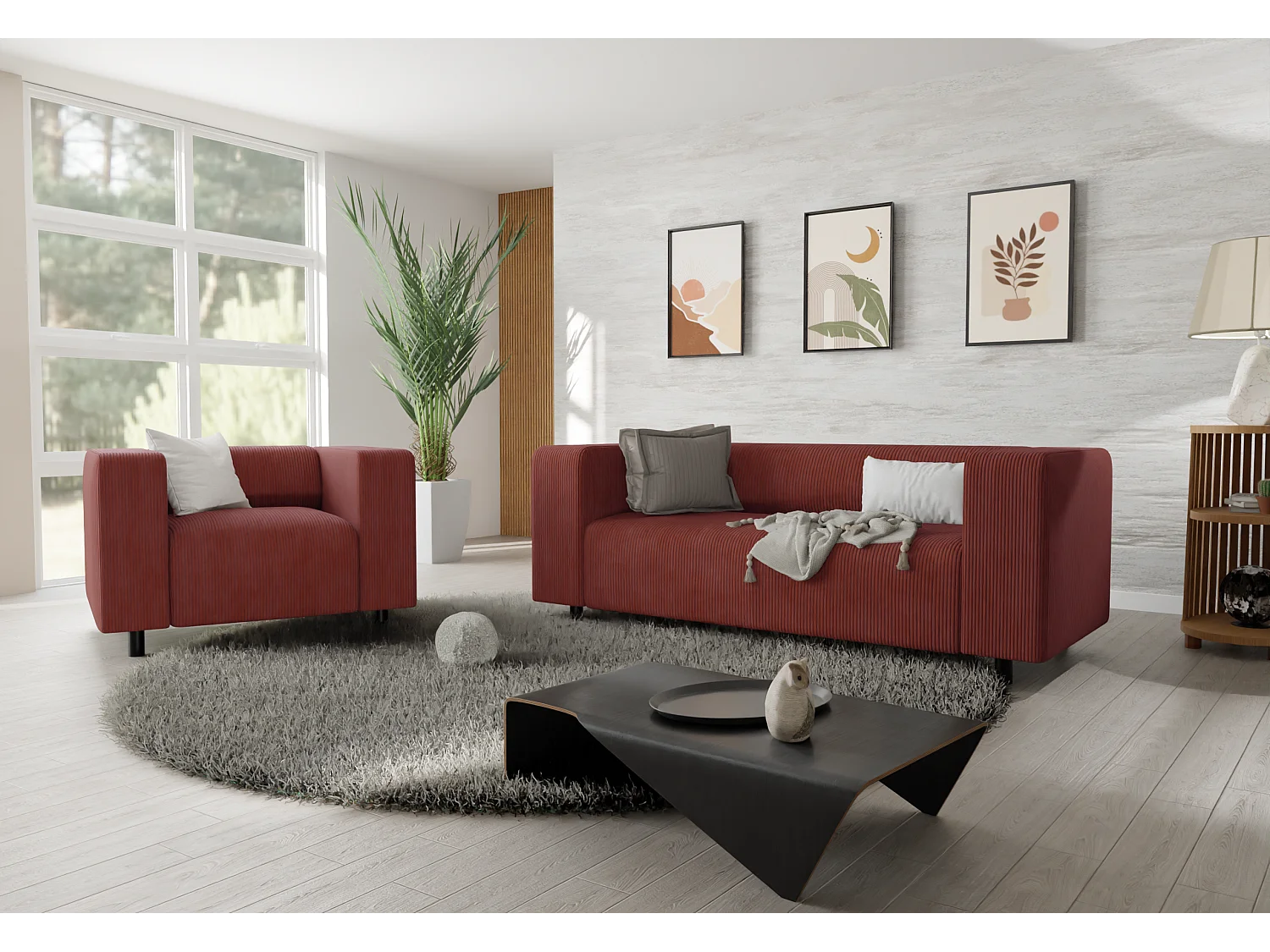 Ensemble de sièges moderne 2+1 en velours côtelé terracotta avec assise confortable THORA