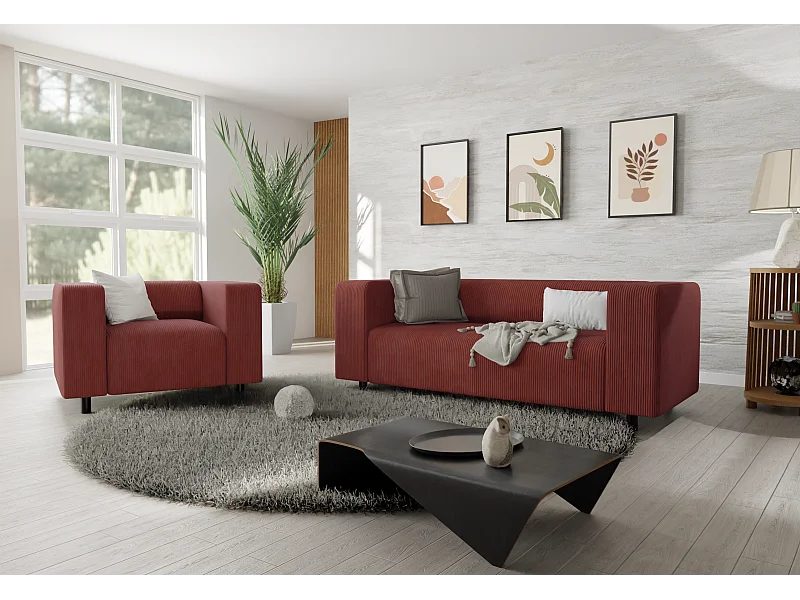 Ensemble de sièges moderne 2+1 en velours côtelé terracotta avec assise confortable THORA