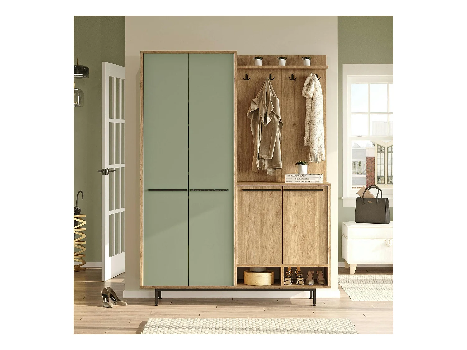 Meuble d'entrée avec rangement - vert sauge et effet chêne JENA