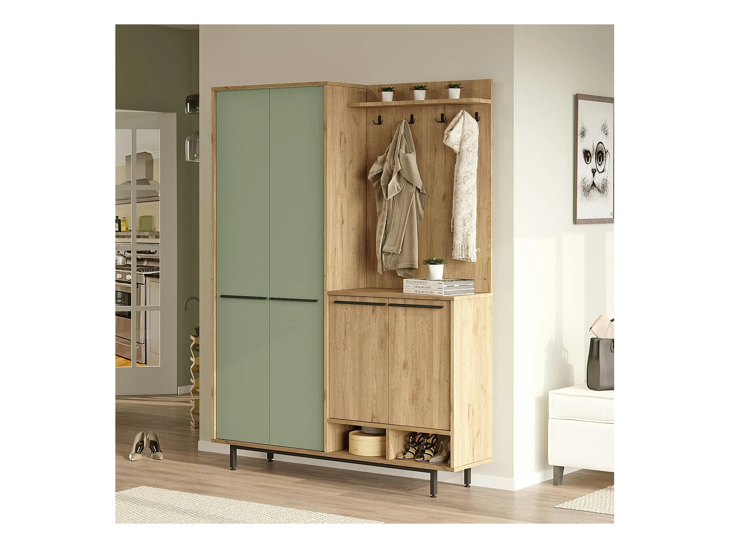 Meuble d'entrée avec rangement - vert sauge et effet chêne JENA