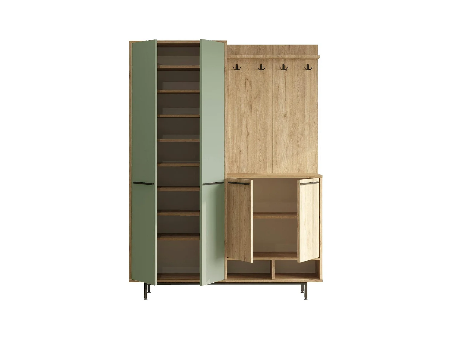 Meuble d'entrée avec rangement - vert sauge et effet chêne JENA