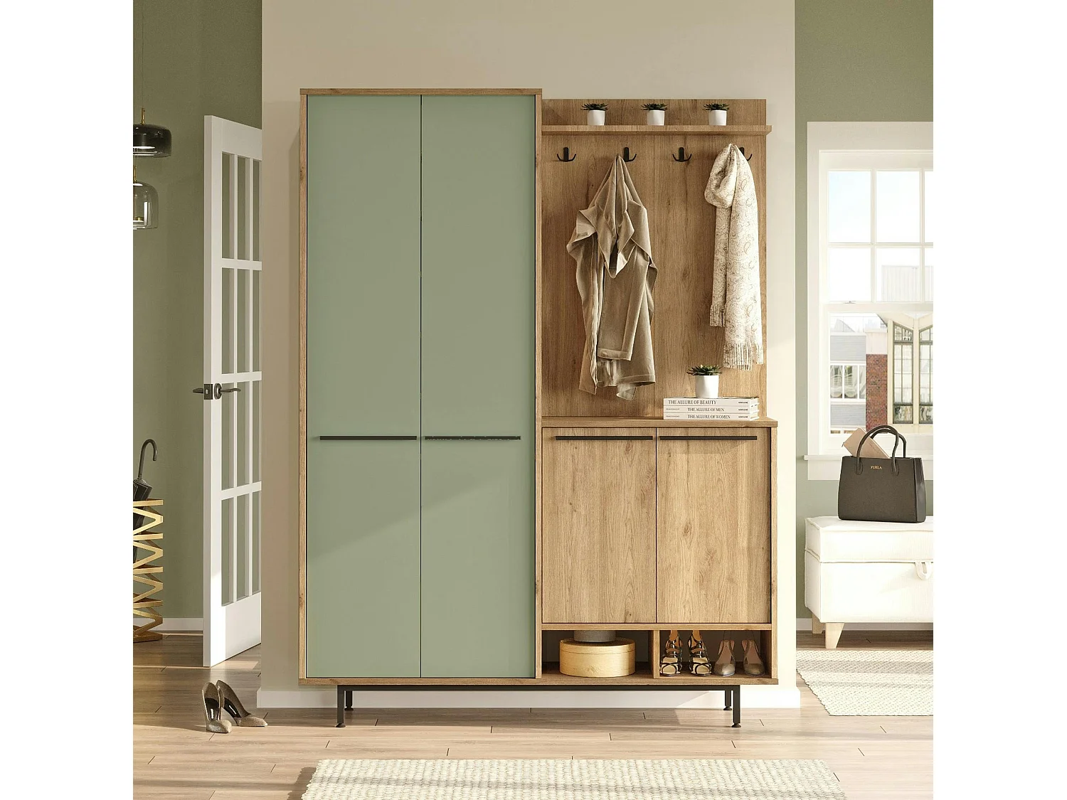 Meuble d'entrée avec rangement - vert sauge et effet chêne JENA