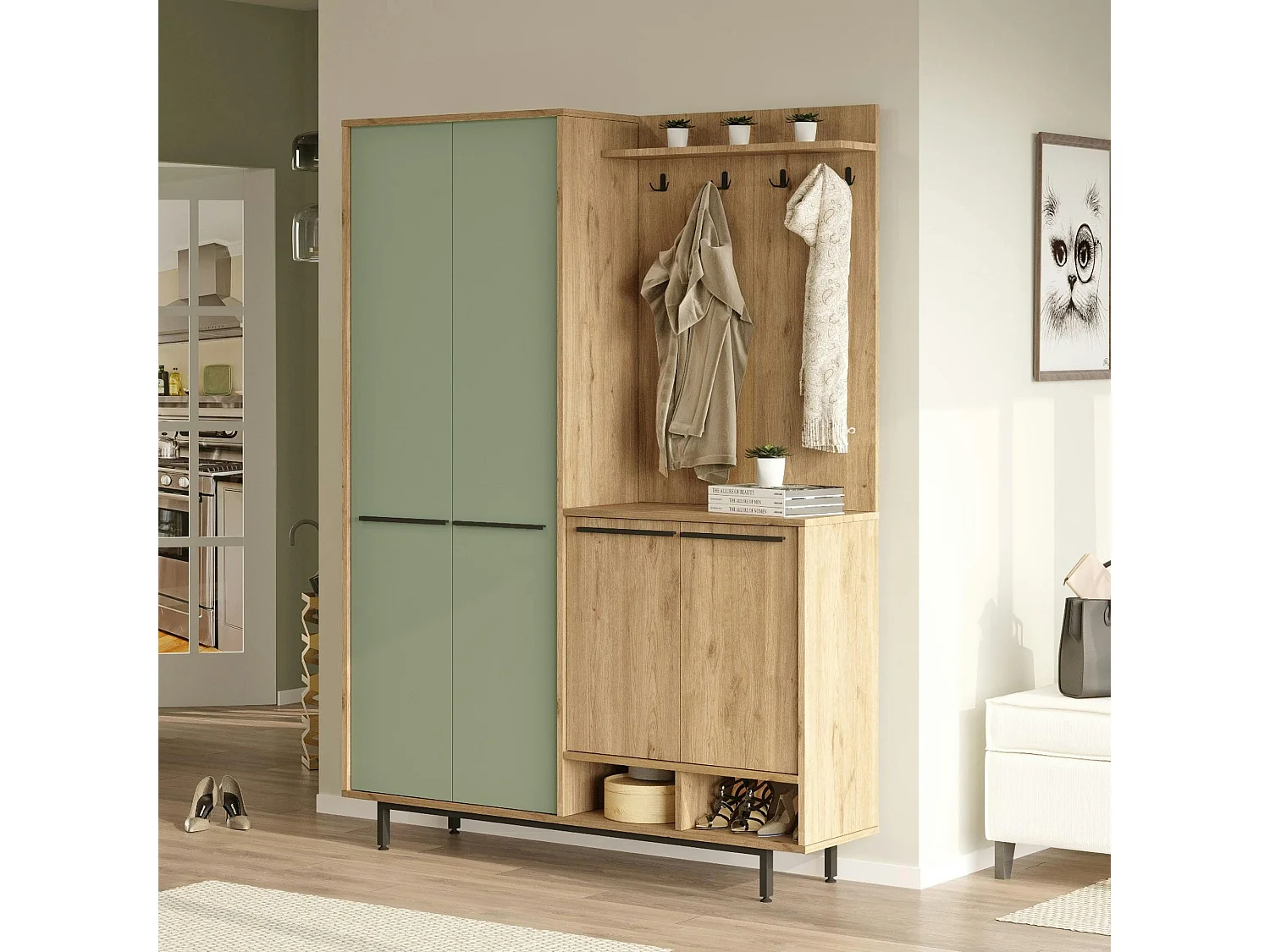 Meuble d'entrée avec rangement - vert sauge et effet chêne JENA