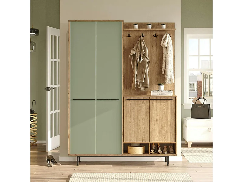 Meuble d'entrée avec rangement - vert sauge et effet chêne JENA
