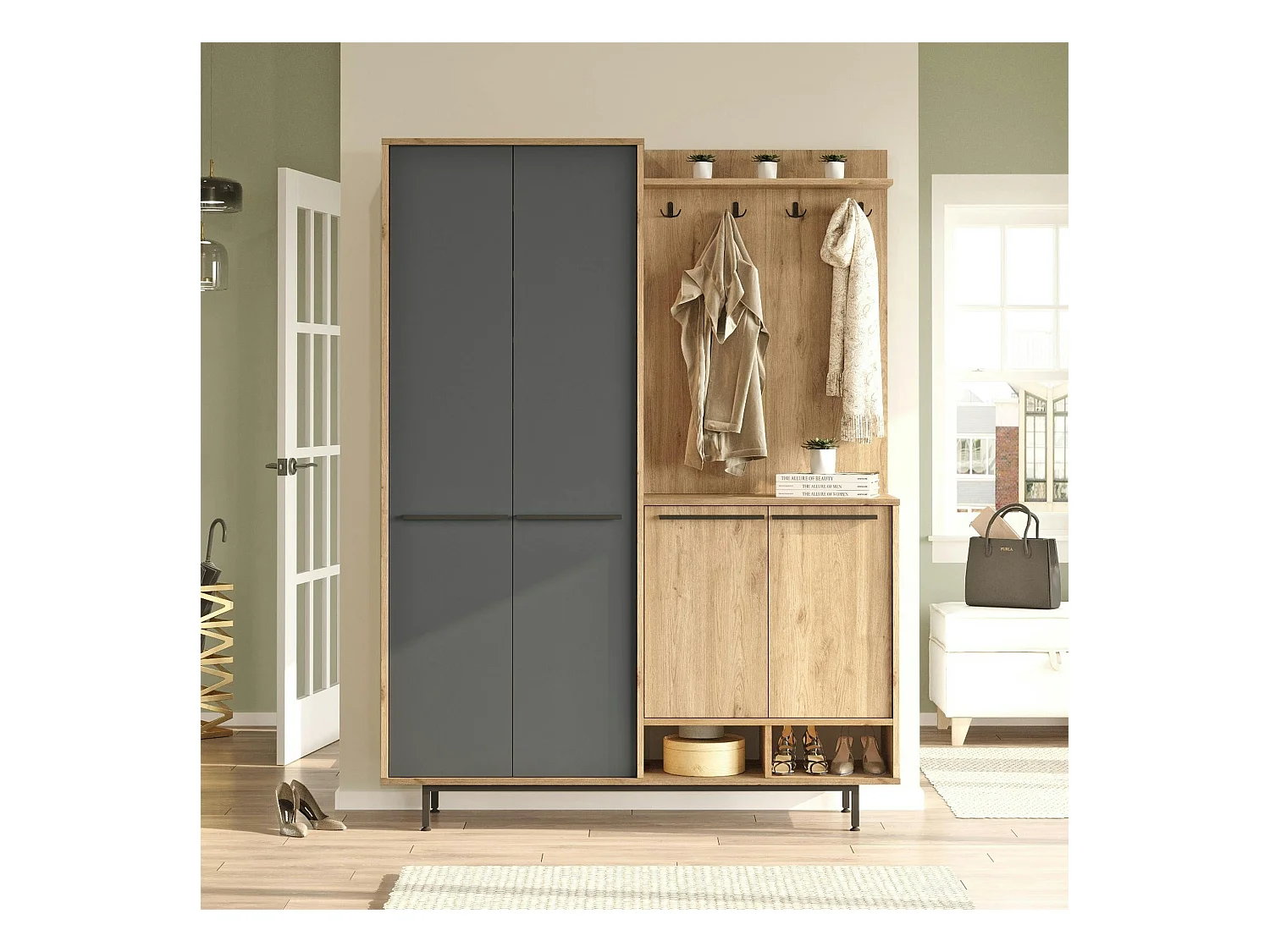 Meuble d'entrée avec rangement - anthracite et effet chêne JENA