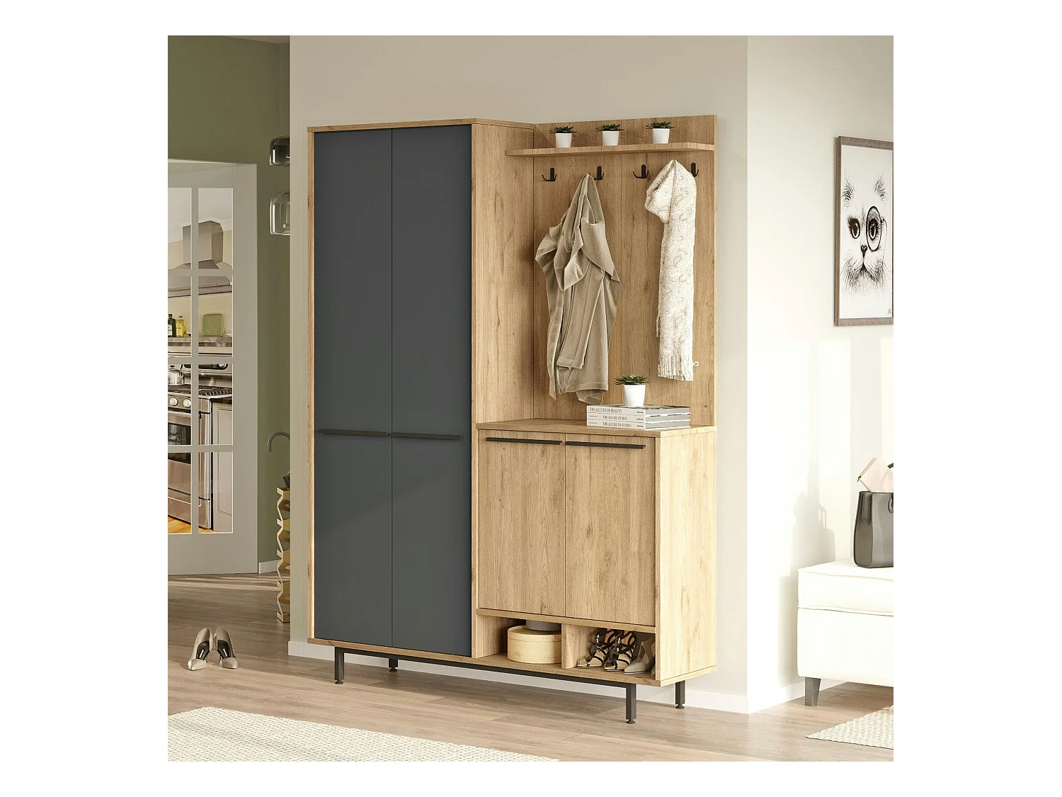 Meuble d'entrée avec rangement - anthracite et effet chêne JENA