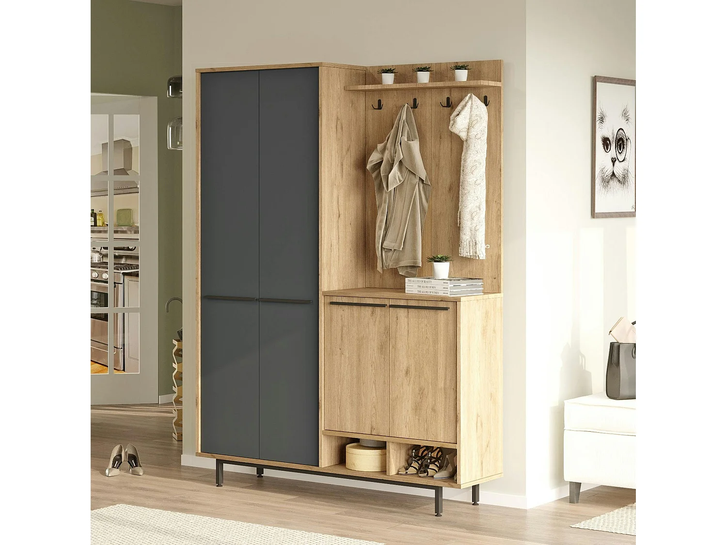 Meuble d'entrée avec rangement - anthracite et effet chêne JENA