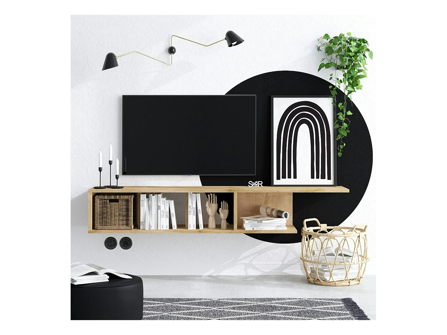 Meuble TV mural effet chêne - niches ouvertes MARFA