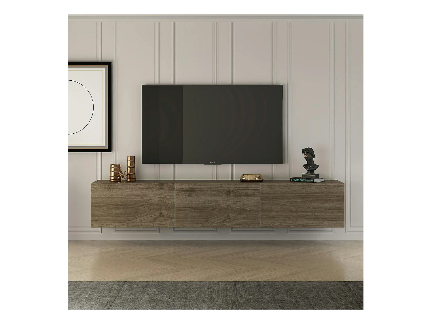 Meuble TV mural effet noyer - 3 niches MARFA