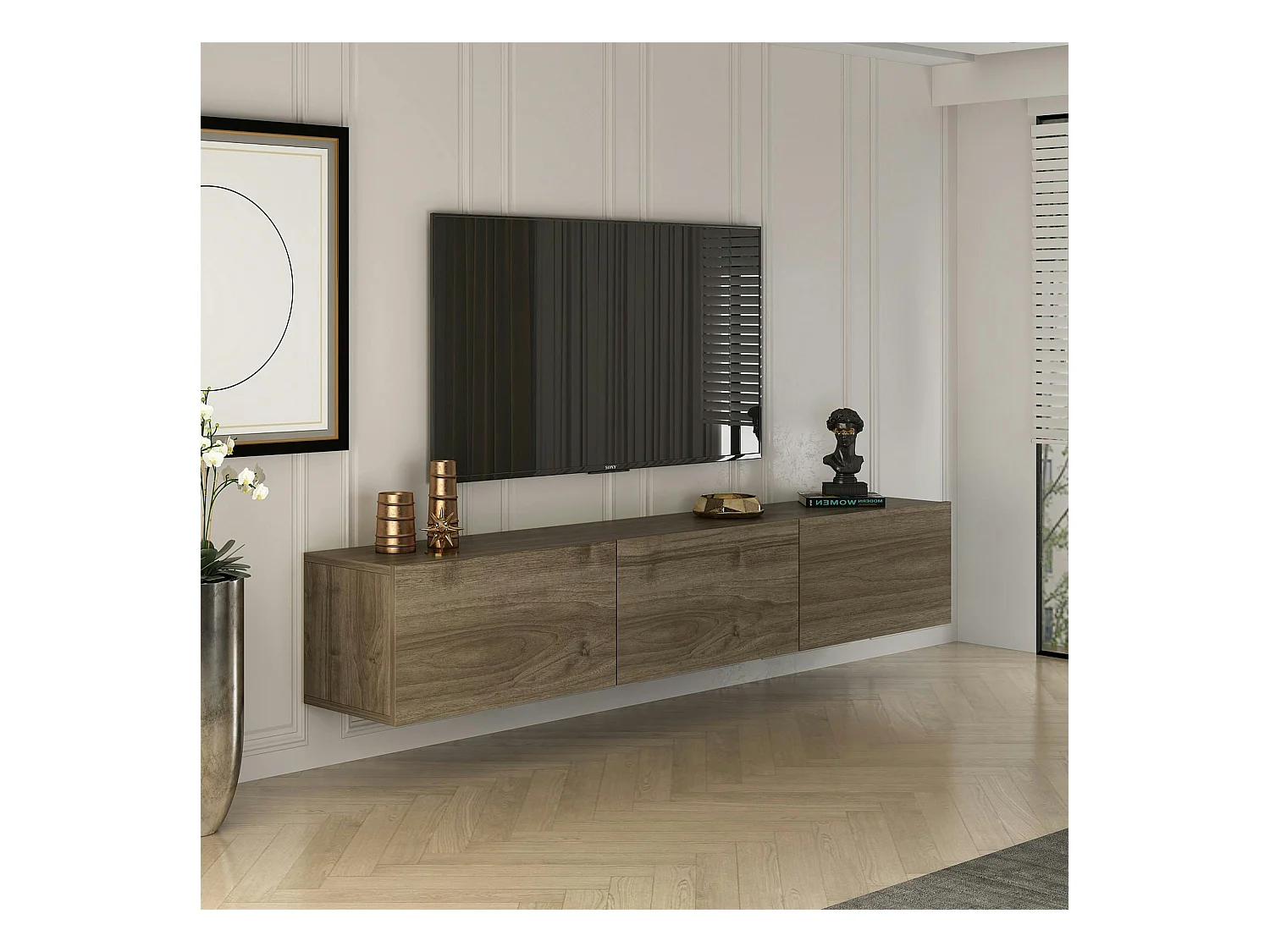 Meuble TV mural effet noyer - 3 niches MARFA