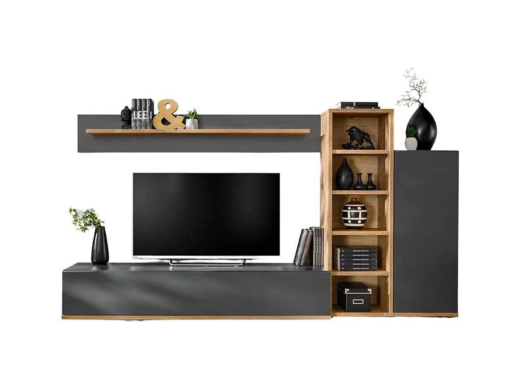 Composición mural RHYS – Mueble de TV, columnas y estanterías – Antracita y roble Wotan