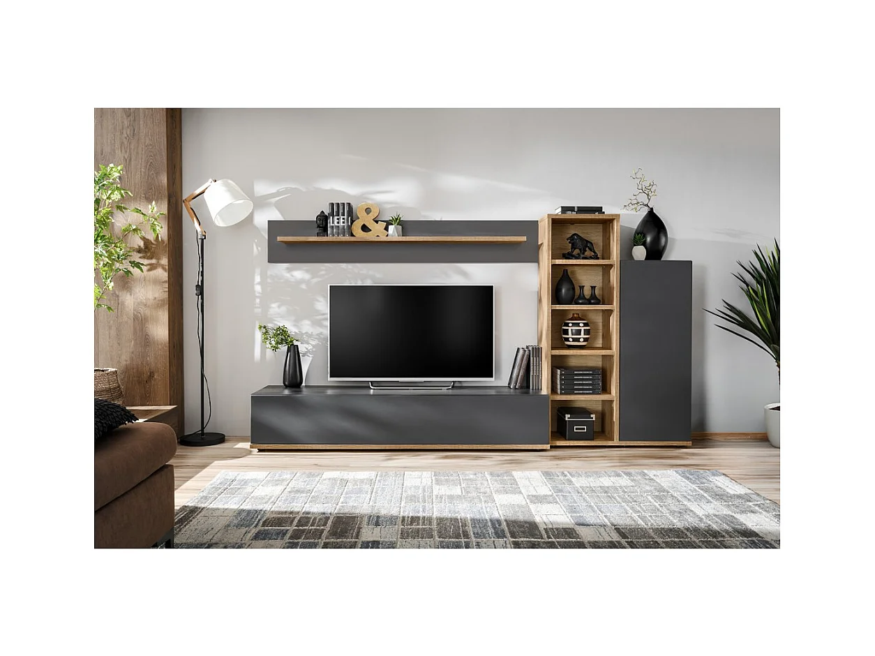 Composición mural RHYS – Mueble de TV, columnas y estanterías – Antracita y roble Wotan