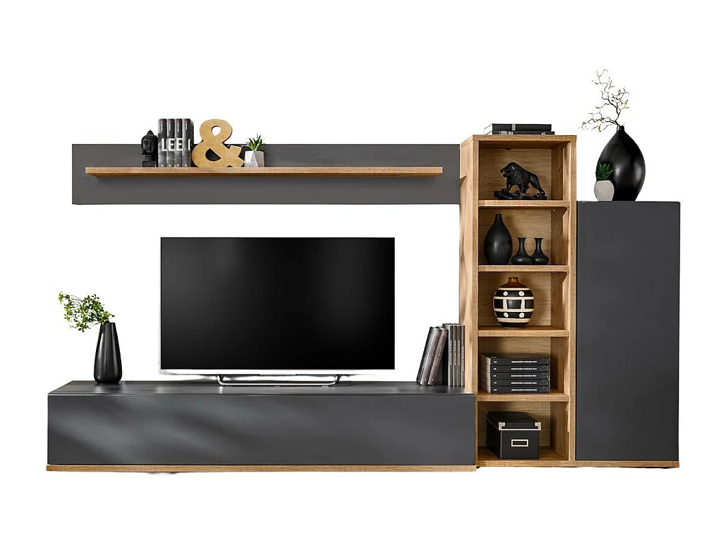 Composición mural RHYS – Mueble de TV, columnas y estanterías – Antracita y roble Wotan
