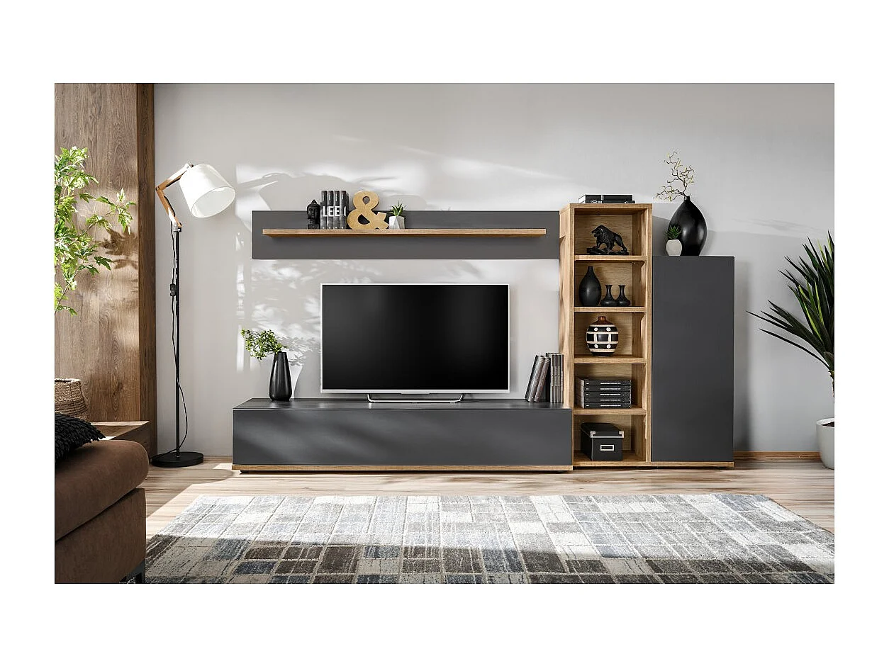 Composición mural RHYS – Mueble de TV, columnas y estanterías – Antracita y roble Wotan