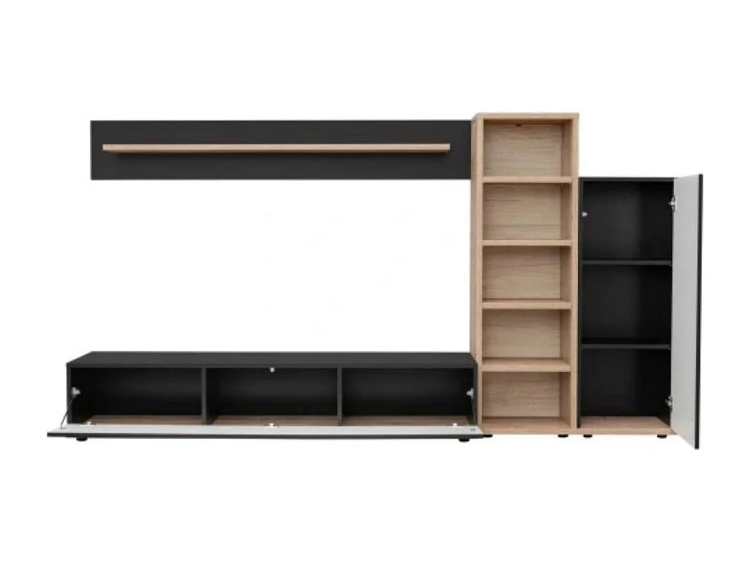 Composición mural RHYS – Mueble de TV, columnas y estanterías – Antracita y roble Wotan