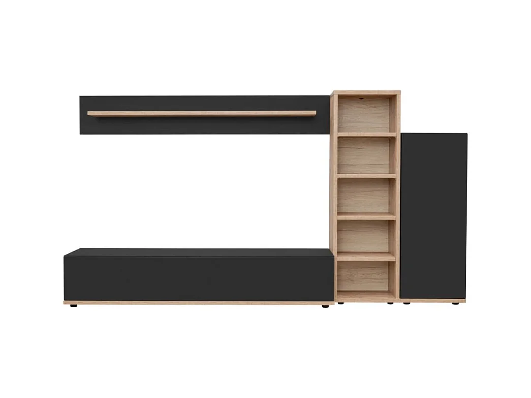 Composición mural RHYS – Mueble para TV, columnas y estanterías – Roble Ribbeck y negro mate
